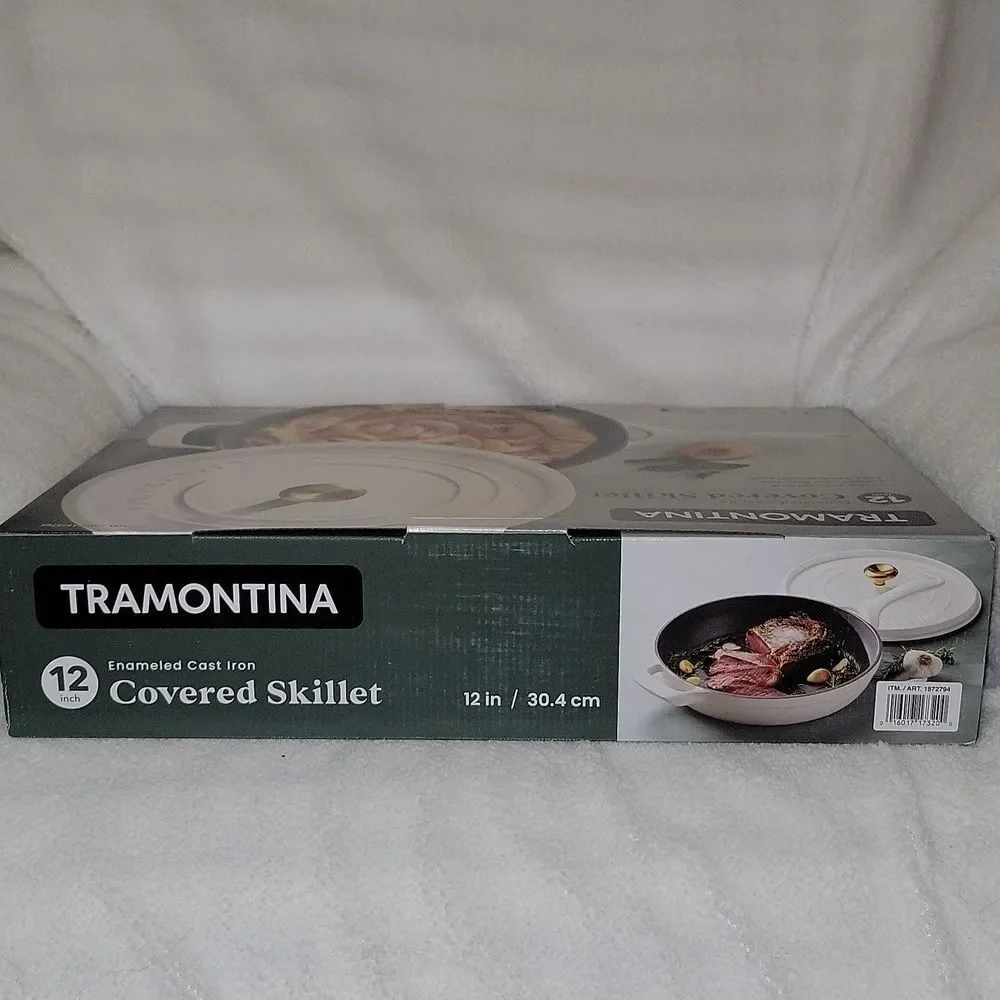 Tramontina 12 Inch Enameled Cast Iron Skillet & Covered Lid • White / Gold • New
